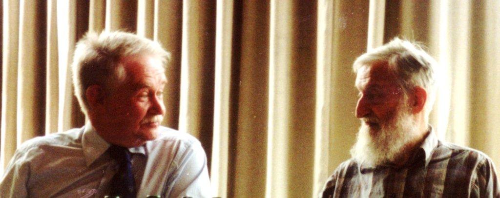 Harry Keating and Mike Ripley not quite eyeball to eyeball in a panel discussion on plotting a crime novel at Girton College, Cambridge, 2007.